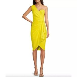 Badgley Mischka One-Shoulder Yellow Cocktail Dress
